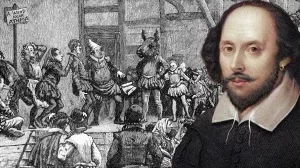 William Shakespeare vor einer Szene aus dme Stück "Ein Sommernachtstraum"