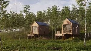Energieeffiziente Häuser mit Sonnenkollektoren im Wald
