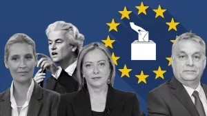 Alice Weidel, Geert Wilders, Giorgia Meloni und Viktor Orbán (v.l.n.r.) vor einem Symbol der Europawahl 2024